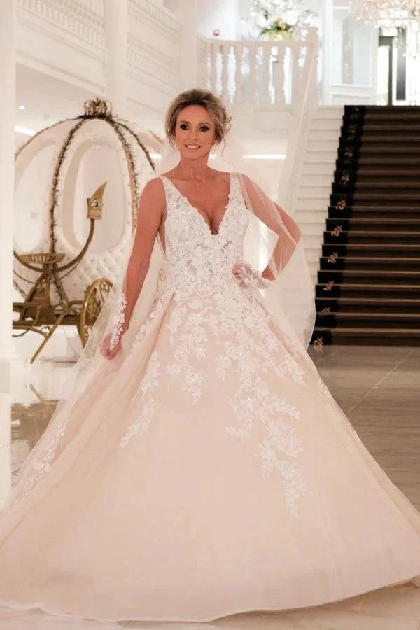 Sexy Long A-Line V-neck Spaghetti Straps Appliques Lace Backless Wedding Dress by BIZTUNNEL