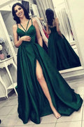 Sexy Long A-line V-neck Spaghetti Straps Backless Front Slit Prom Dress With Pockets by BIZTUNNEL