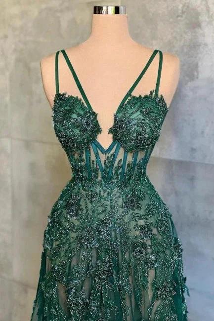 Abito da cerimonia verde lungo a linea ad A con scollo a V, spalline sottili e pizzo