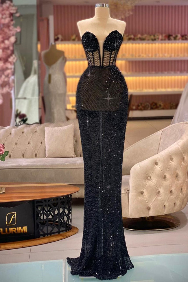 Sexy Long Black Mermaid V-neck Sleeveless Prom Dress Hover Image