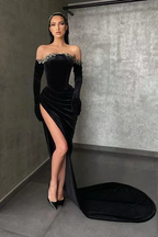 Sexy Long Black Off-the-shoulder Long Sleeves Mermaid Prom Dress With Slit by misshow.com