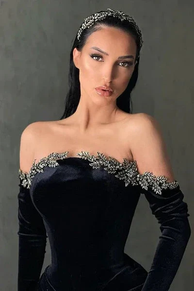 Sexy Long Black Off-the-shoulder Long Sleeves Mermaid Prom Dress With Slit by misshow.com
