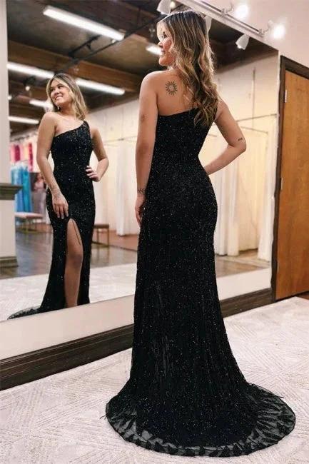 Sexy Long Black One Shoulder Glitter Mermaid Prom Dresses With Slit by misshow.com