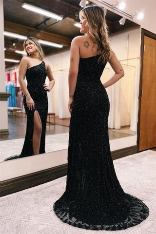 Sexy Long Black One Shoulder Glitter Mermaid Prom Dresses With Slit
