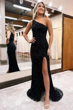 Sexy Long Black One Shoulder Glitter Mermaid Prom Dresses With Slit by misshow.com