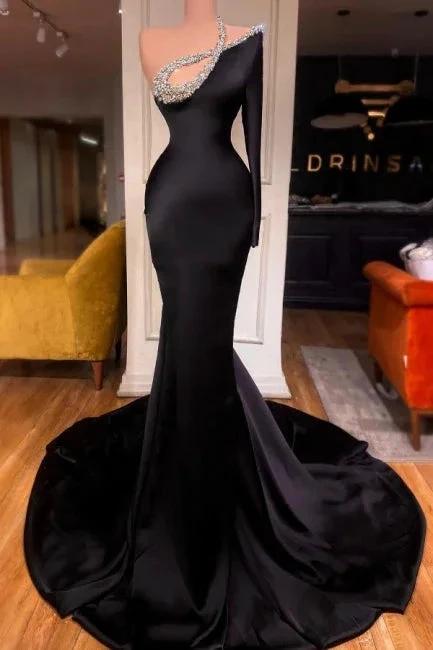 Sexy Long Black One Shoulder Long Sleeve Mermaid Prom Dresses with Glitter by misshow.com