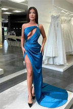 Sexy Long Blue Mermaid One Shoulder Sleeveless Prom Dress With Slit by misshow.com