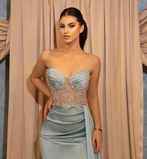 Sexy Long Blue Slit Glitter Mermaid Prom Dresses with Ruffles by misshow.com