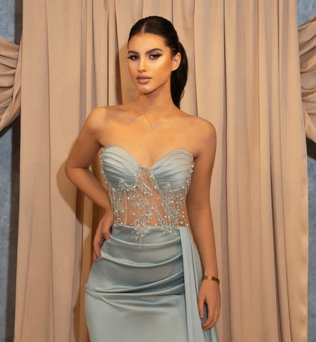 Sexy Long Blue Slit Glitter Mermaid Prom Dresses with Ruffles