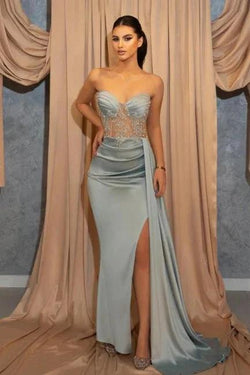 Sexy Long Blue Slit Glitter Mermaid Prom Dresses with Ruffles by misshow.com