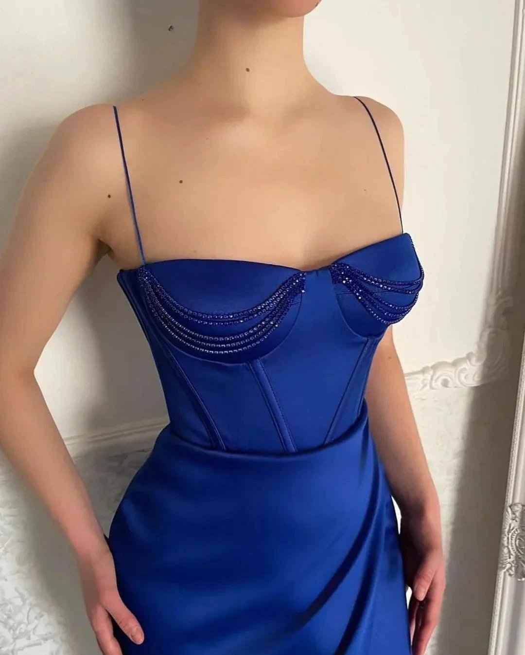Sexy Long Blue Spaghetti Straps Mermaid Sleeveless Prom Dress With Slit by misshow.com