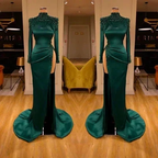 Sexy Long Dark Green High Neck Long Sleeves Beading Prom Dress With Slit by misshow.com
