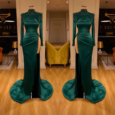 Sexy Long Dark Green High Neck Long Sleeves Beading Prom Dress With Slit