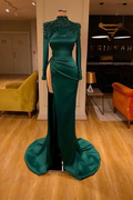 Sexy Long Dark Green High Neck Long Sleeves Beading Prom Dress With Slit by misshow.com
