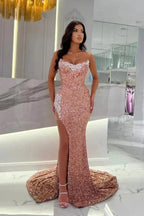 Sexy Long Dusty Rose Strapless Sequined Lace Prom Dress with Slit by misshow.com