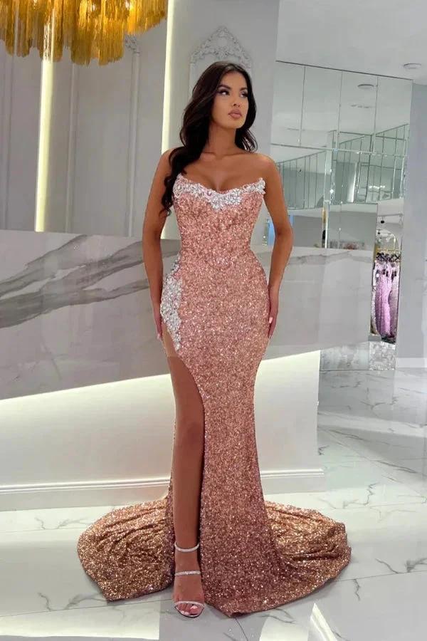 Sexy Long Dusty Rose Strapless Sequined Lace Prom Dress with Slit by misshow.com