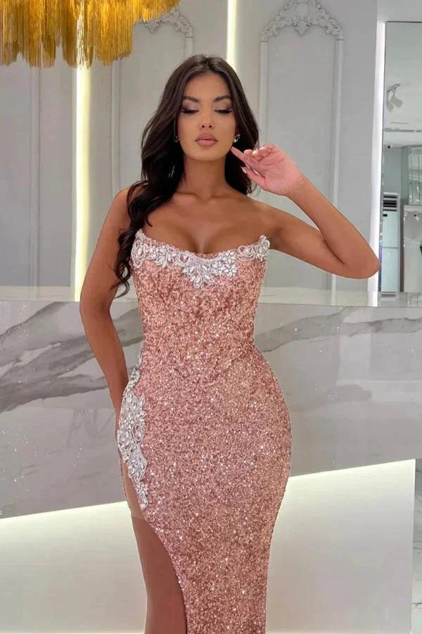 Sexy Long Dusty Rose Strapless Sequined Lace Prom Dress with Slit by misshow.com