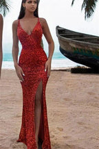Sexy Long Glitter Red Sleeveless Mermaid Evening Dress With Slit by misshow.com