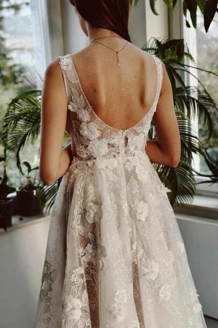 Sexy Long Ivory V-neck A-line Split Front Sleeveless Wedding Dress with Lace by misshow.com