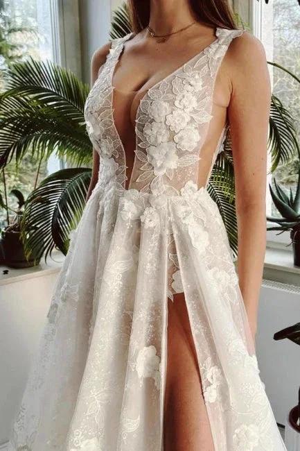 Sexy Long Ivory V-neck A-line Split Front Sleeveless Wedding Dress with Lace by misshow.com