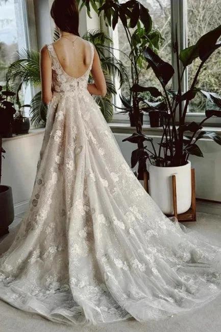 Sexy Long Ivory V-neck A-line Split Front Sleeveless Wedding Dress with Lace by misshow.com