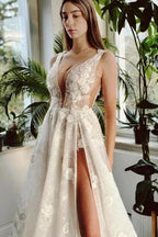 Sexy Long Ivory V-neck A-line Split Front Sleeveless Wedding Dress with Lace by misshow.com