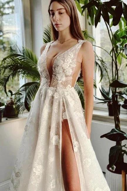 Sexy Long Ivory V-neck A-line Split Front Sleeveless Wedding Dress with Lace by misshow.com