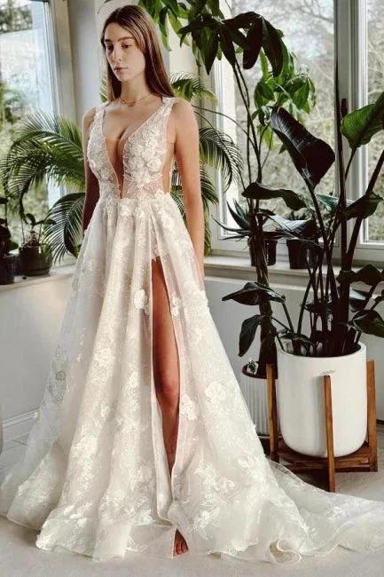 Sexy Long Ivory V-neck A-line Split Front Sleeveless Wedding Dress with Lace by misshow.com