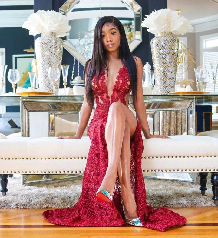 Sexy Long Mermaid Bateau Lace Burgundy Prom Dress With Slit by BIZTUNNEL