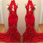 Sexy Long Mermaid Flowers High Neck Red Prom Dresses by BIZTUNNEL