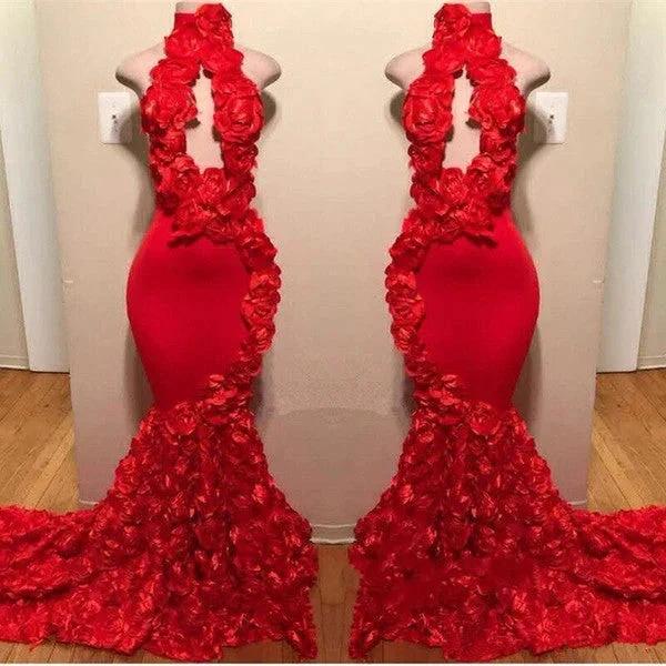 Sexy Long Mermaid Flowers High Neck Red Prom Dresses by BIZTUNNEL