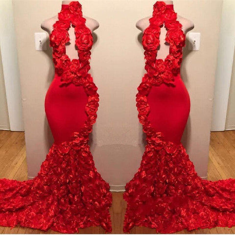 Vestidos de fiesta rojos sexys de cuello alto con flores y sirena larga
