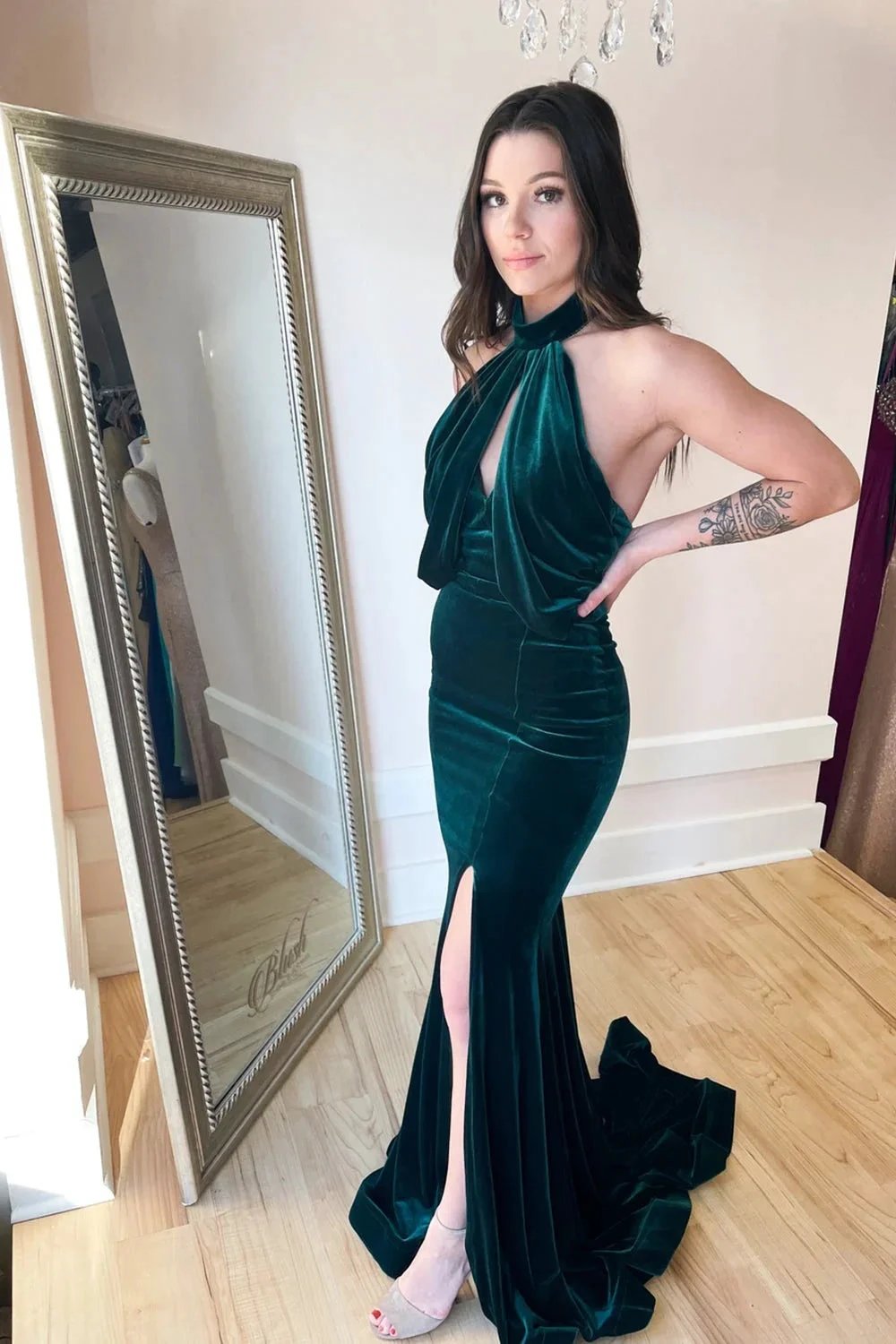 Sexy Long Mermaid Halter Backless Velvet Prom Dress With Split by BIZTUNNEL