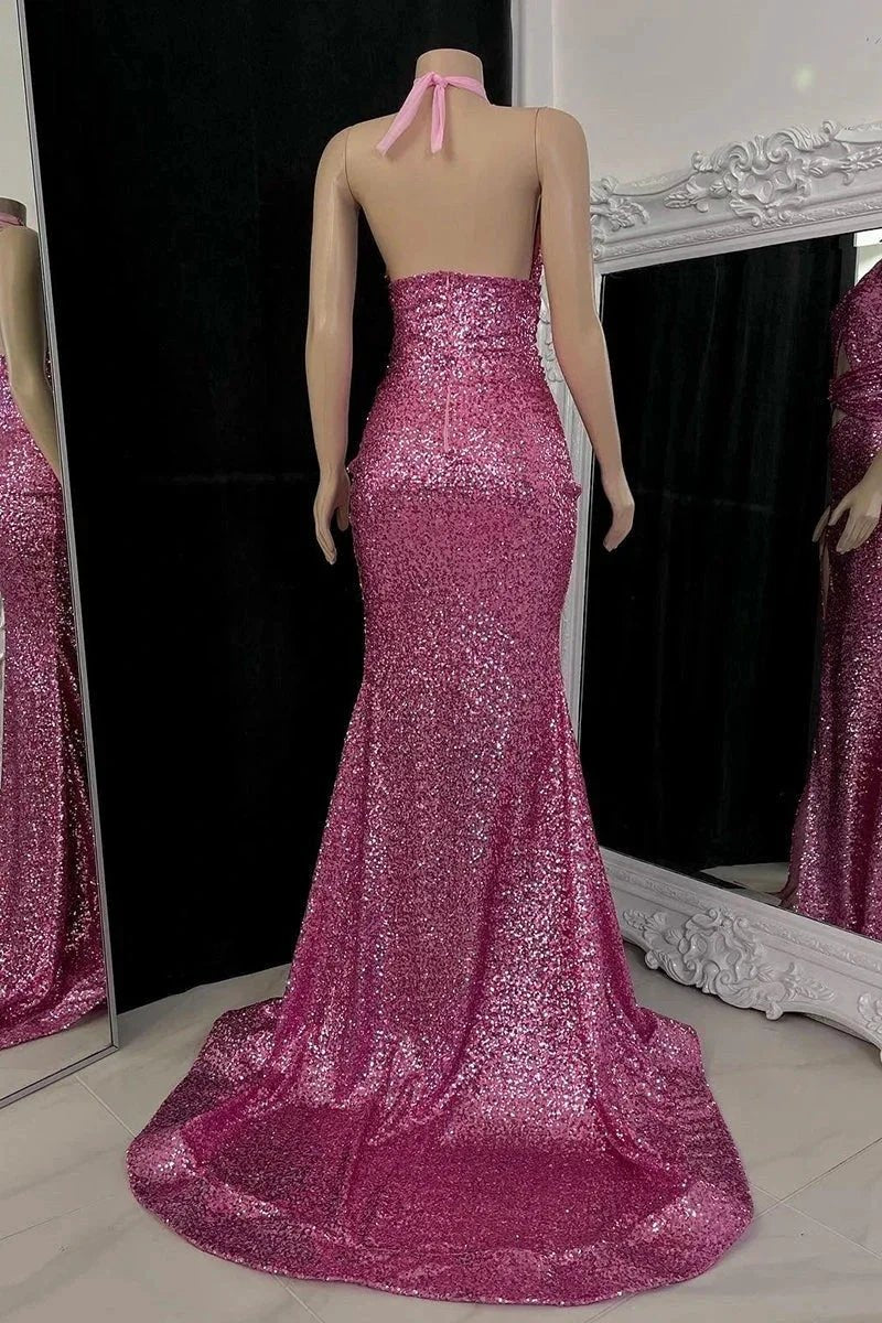 Sexy Long Mermaid High Neck Sequined Sleeveless Prom Dress With Slit by misshow.com
