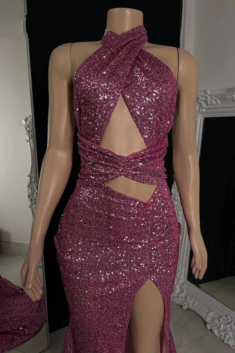 Sexy Long Mermaid High Neck Sequined Sleeveless Prom Dress With Slit by misshow.com