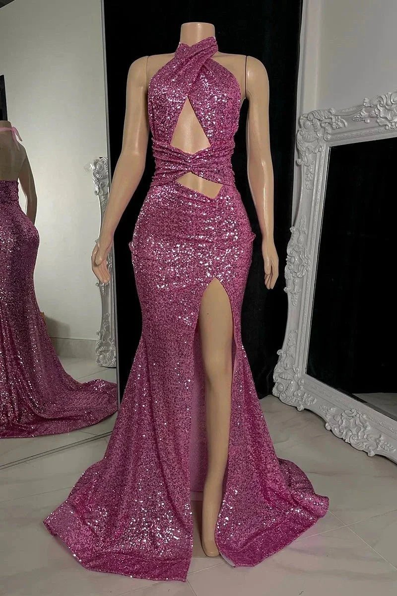 Sexy Long Mermaid High Neck Sequined Sleeveless Prom Dress With Slit by misshow.com
