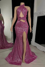 Sexy Long Mermaid High Neck Sequined Sleeveless Prom Dress With Slit by misshow.com