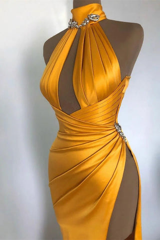 Sexy Long Mermaid High Neck Sleeveless Prom Dress With Slit
