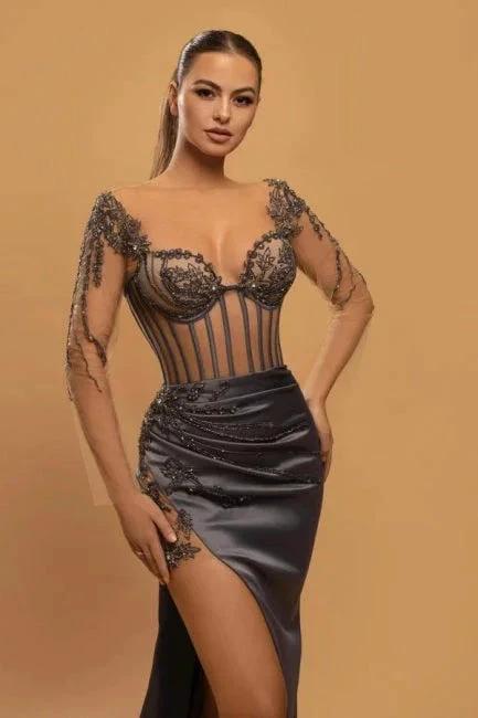 Sexy Long Mermaid Lace Evening Dresses With Long Sleeves by misshow.com