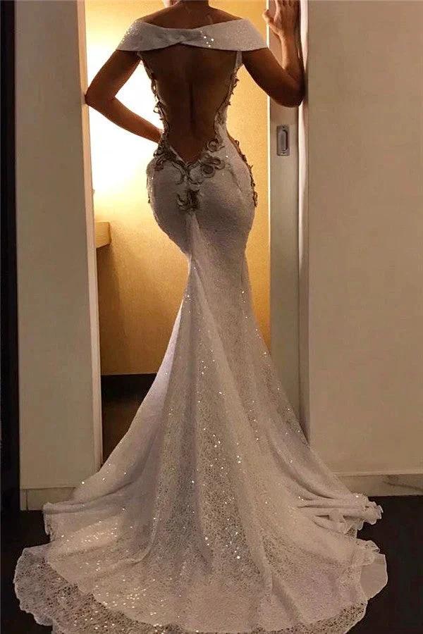 Sexy Long Mermaid Off-the-shoulder Backless Evening Dresses with Cap Sleeves by BIZTUNNEL