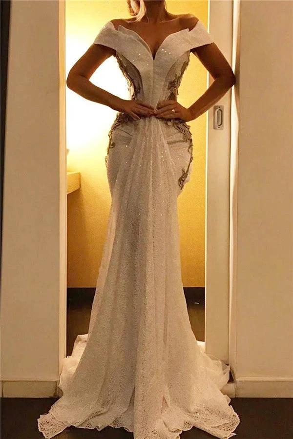 Sexy Long Mermaid Off-the-shoulder Backless Evening Dresses with Cap Sleeves by BIZTUNNEL