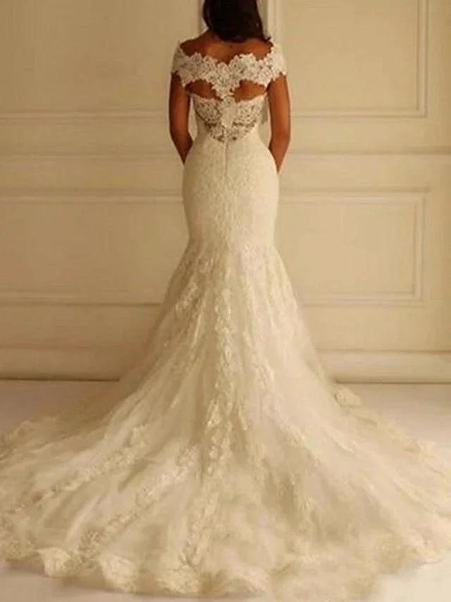 Sexy Long Mermaid Off the Shoulder Lace Wedding Dresses by BIZTUNNEL