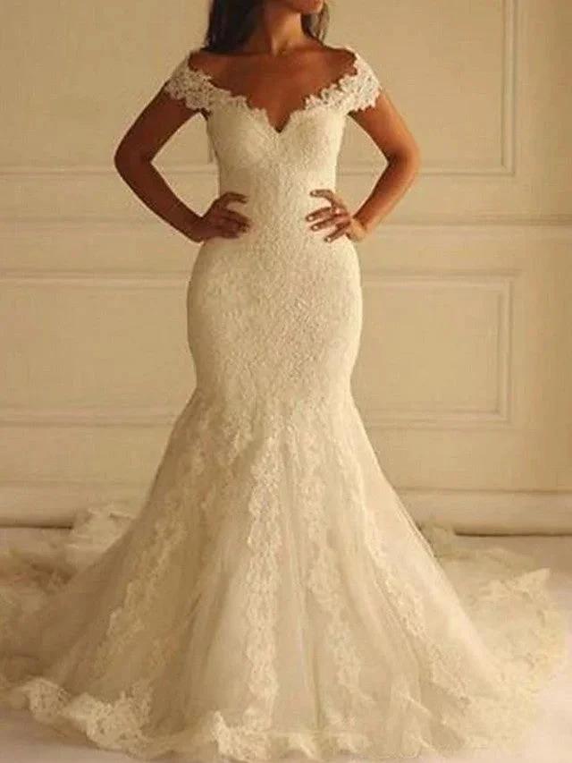 Sexy Long Mermaid Off the Shoulder Lace Wedding Dresses by BIZTUNNEL