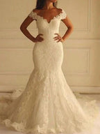 Sexy Long Mermaid Off the Shoulder Lace Wedding Dresses by BIZTUNNEL