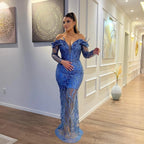 Sexy Long Mermaid Off the Shoulder Tulle Lace Formal Evening Dresses by BIZTUNNEL
