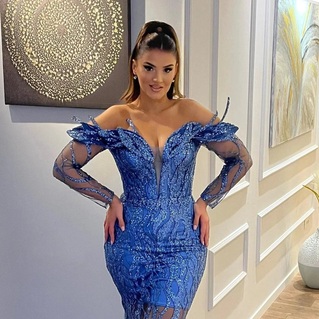 Sexy Long Mermaid Off the Shoulder Tulle Lace Formal Evening Dresses by BIZTUNNEL