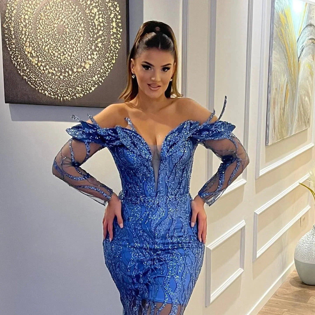 Sexy Long Mermaid Off the Shoulder Tulle Lace Formal Evening Dresses by BIZTUNNEL