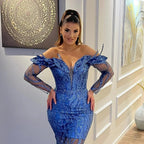 Sexy Long Mermaid Off the Shoulder Tulle Lace Formal Evening Dresses by BIZTUNNEL