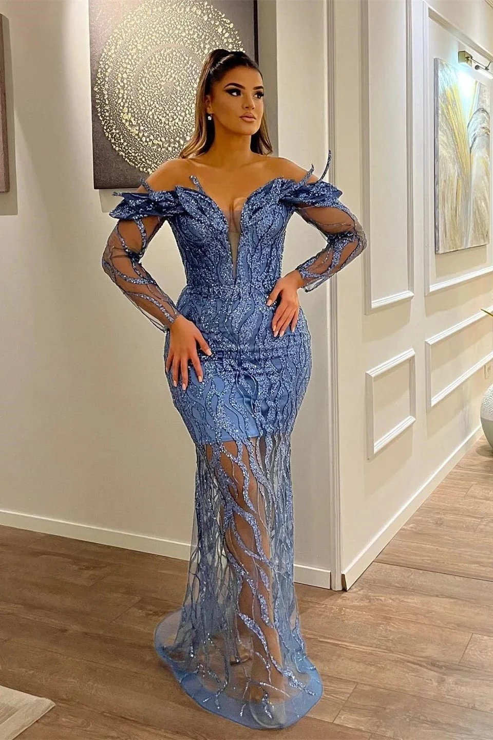 Sexy Long Mermaid Off the Shoulder Tulle Lace Formal Evening Dresses by BIZTUNNEL