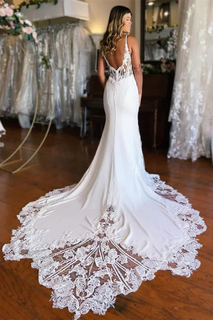 Sexy Long Mermaid Spaghetti Straps Lace Backless Wedding Dress With Train by misshow.com